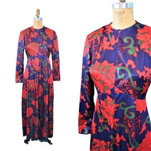 Vintage 1970s Maxi Dress Bold Purple Red Print Long Sleeves Boho Peck & Peck